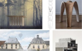 Collage mit vier Ansichten von Architekturprojekten aus Beton und Holz sowie einer technischen Zeichnung.