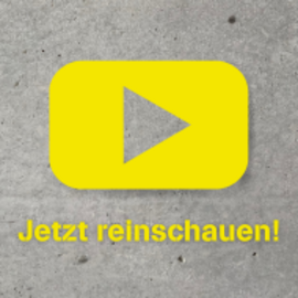 Gelbes YouTube-Play-Symbol auf grauem Hintergrund mit der Aufschrift „Jetzt reinschauen!“