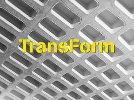 Das Wort TransForm in gelber Schrift auf grauem Gitterhintergrund mit rechteckigen Aussparungen.