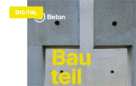 Gelber Schriftzug „Bauteil“ auf grauer Betonwand mit Logo „DIGITAL Beton“.