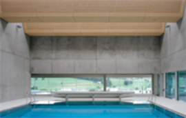 Modernes Schwimmbad mit Betonwänden, Holzdecke und großem Fensterblick auf grüne Landschaft im Hintergrund.