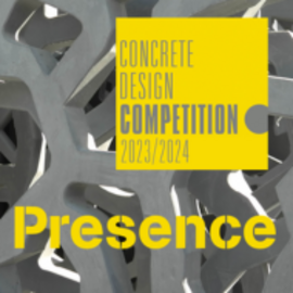 Plakat der Concrete Design Competition 2023/2024 mit dem Titel Presence vor einem grauen geometrischen Hintergrund.